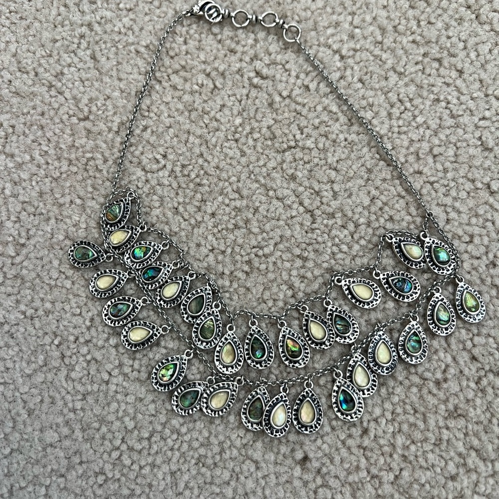 Lucky Brand Elegant Double Strand Silver and Multi-Stone Teardrop Necklace